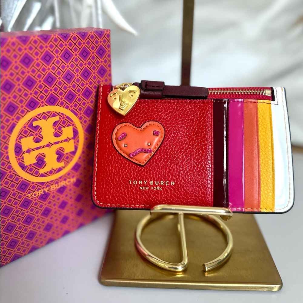 Tory Burch Perry Color Block Leather Heart Patch Card Case NIB